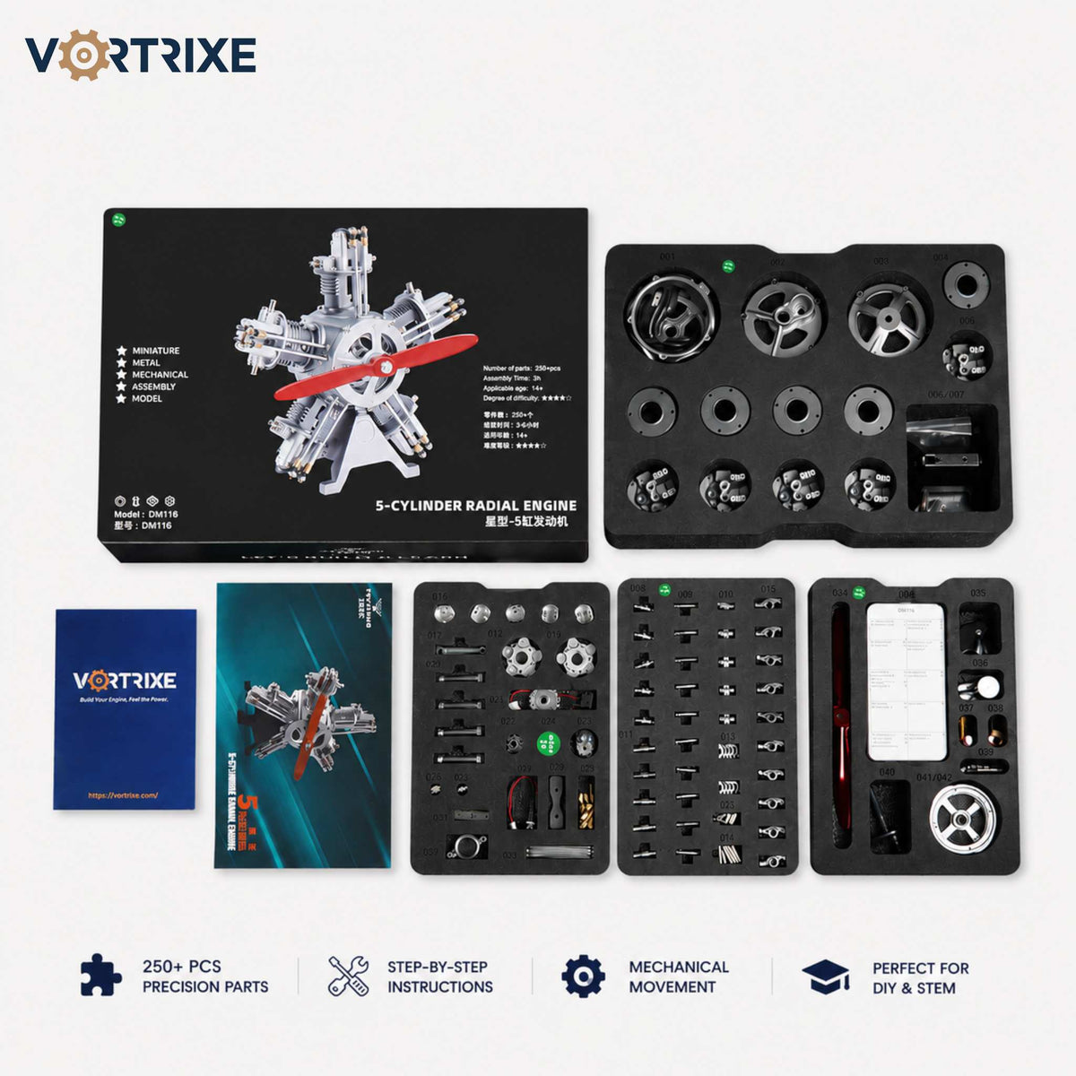 VORTRIXE & TECHING 250+Pcs 5 Cylinder Radial Engine Model Kit