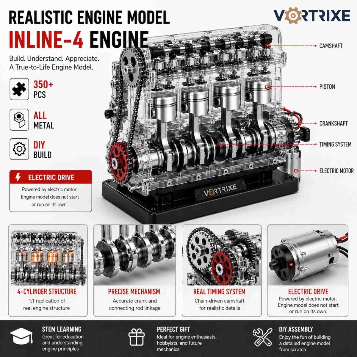 VORTRIXE & TECHING 357+PCS Full Metal L4 Car Engine Model Kit