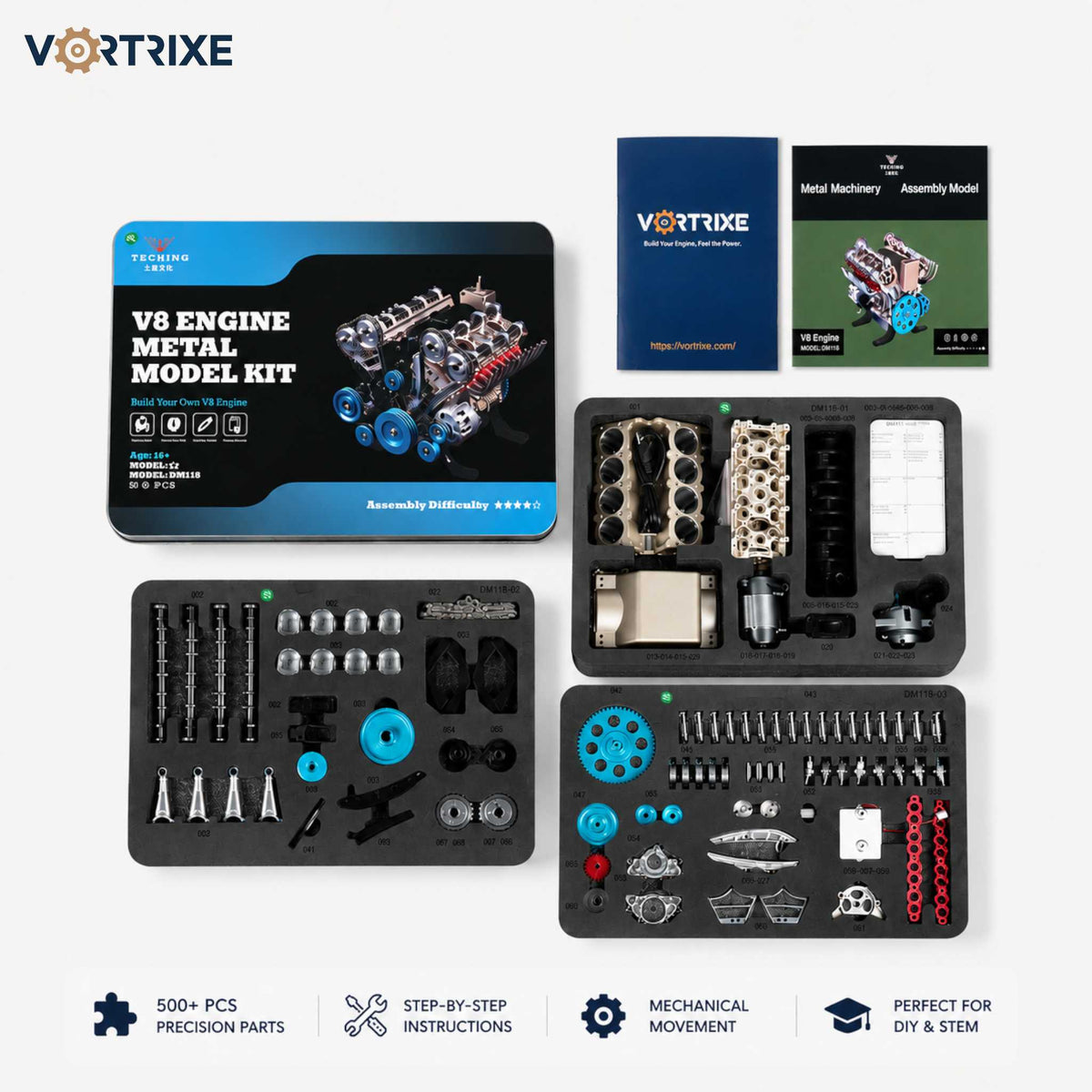 VORTRIXE & TECHING 500+Pcs V8 Engine Metal Assembly DIY Model Kit