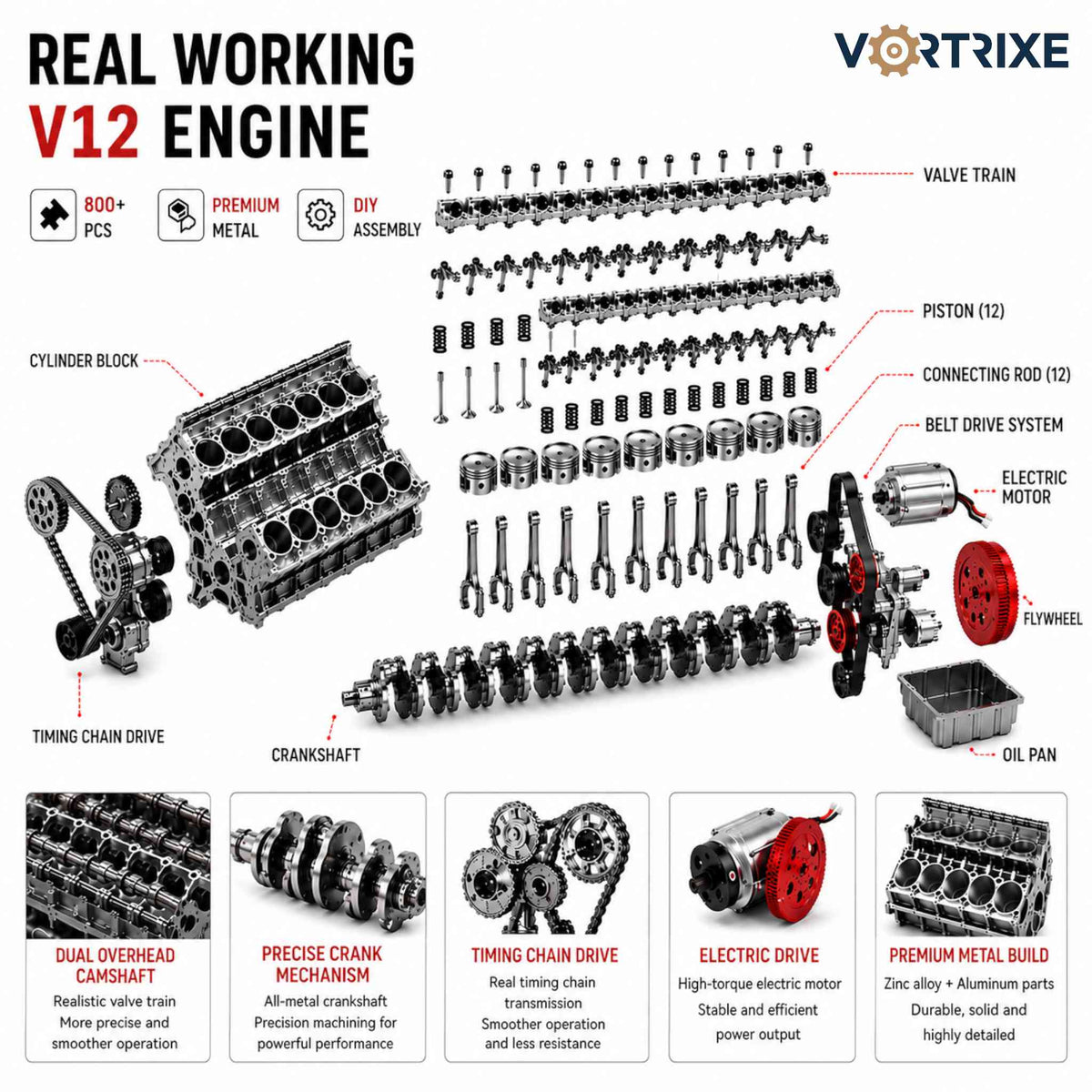 VORTRIXE & TECHING 800+PCS 1/4 Metal V12 Engine Model Kit with Electric Drive
