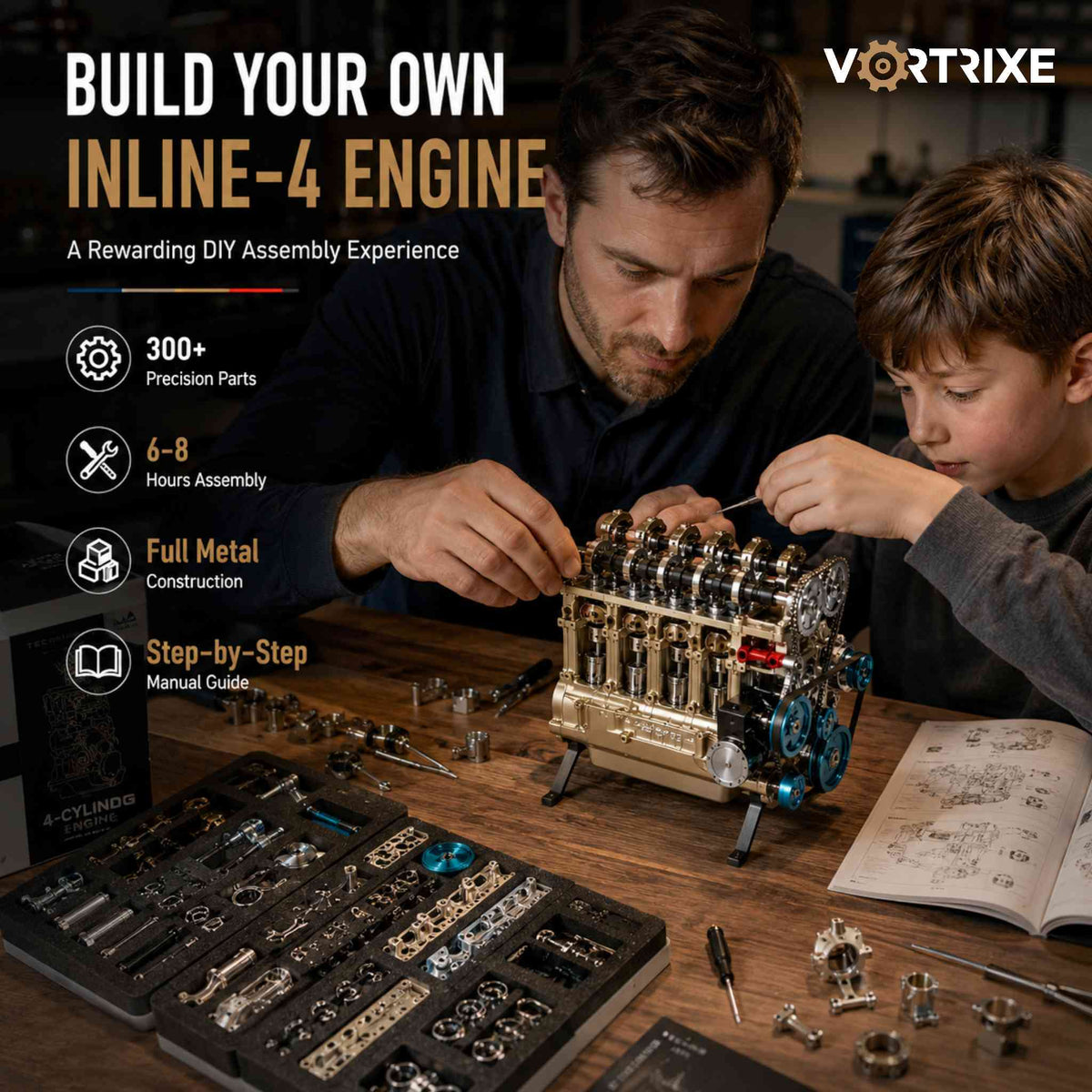 VORTRIXE & TECHING Full Metal Assembling L4 Car Engine Model Kits