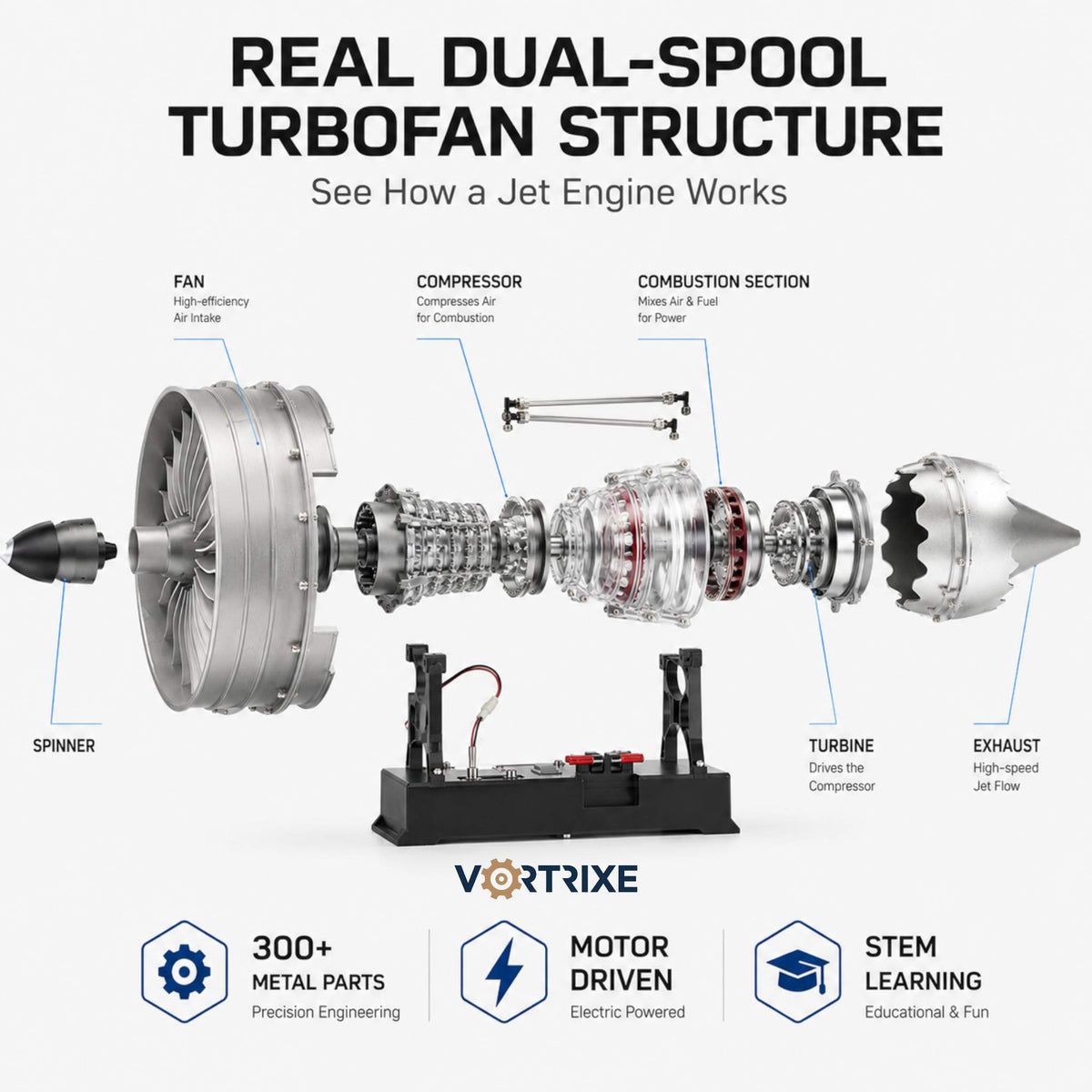 VORTRIXE & TECHING 300+PCS 1/12 Full Metal Dual-Spool Turbofan Engine Model Kits