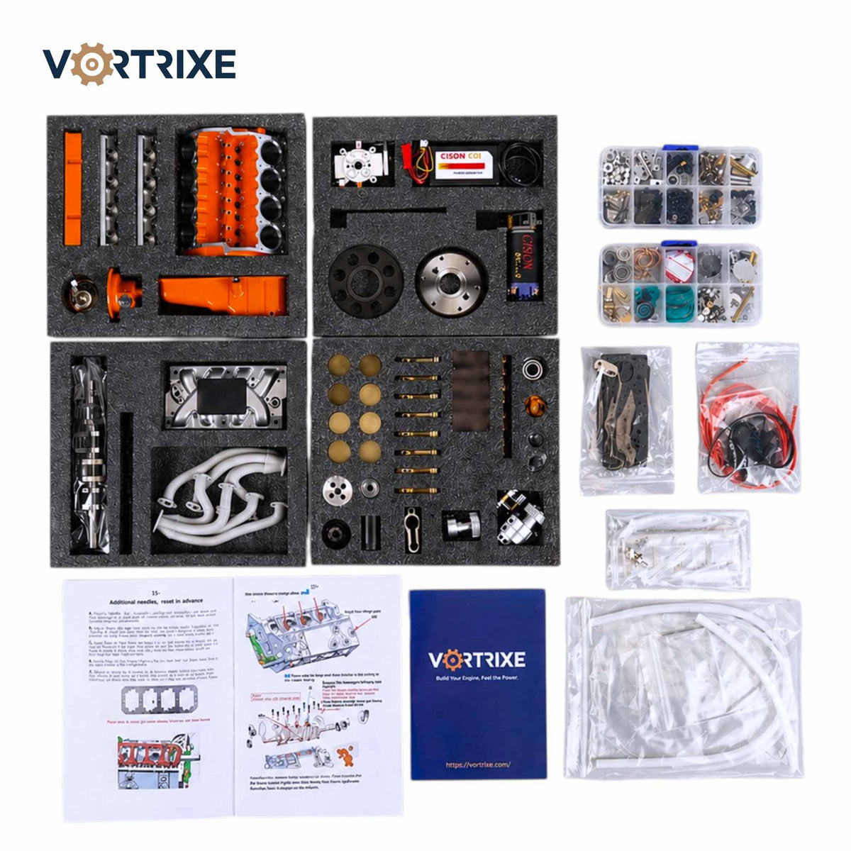 VORTRIXE & CISON 1/6 4-Stroke 44cc Water-Cooled Gasoline OHV V8 Small-Block Engine Model Kits