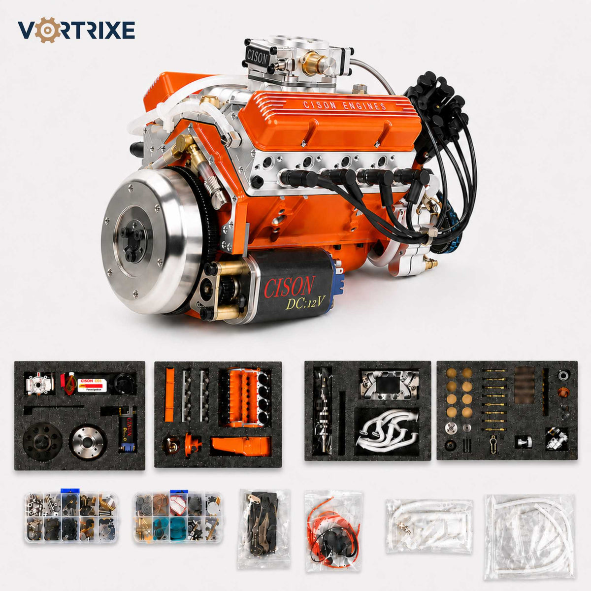 VORTRIXE & CISON 1/6 4-Stroke 44cc Water-Cooled Gasoline OHV V8 Small-Block Engine Model Kits