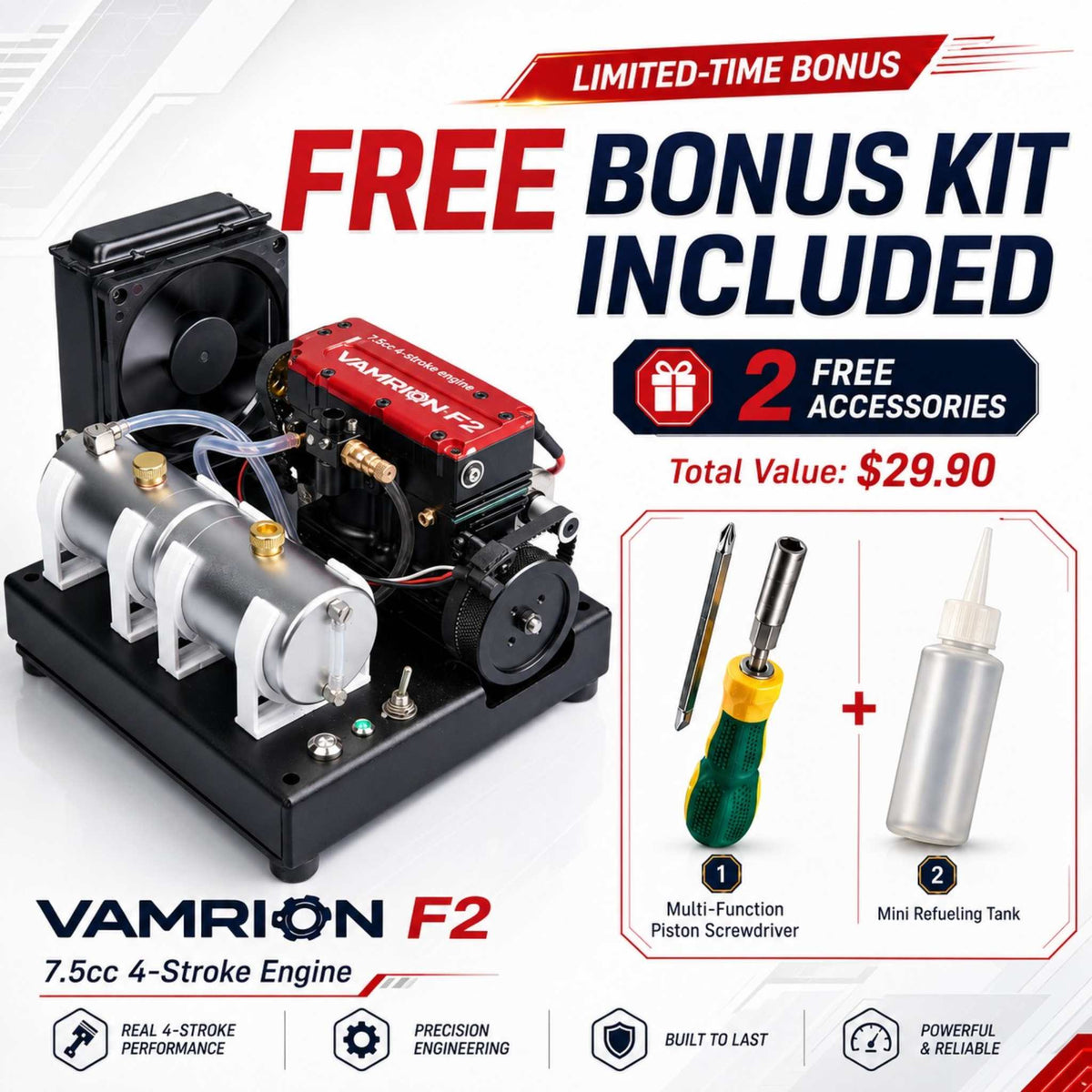 VORTRIXE & VAMRION F2 Gasoline Engine Upgrade Water-Cooled 2 Cylinder 4 Stroke Tabletop Engine Model Kit