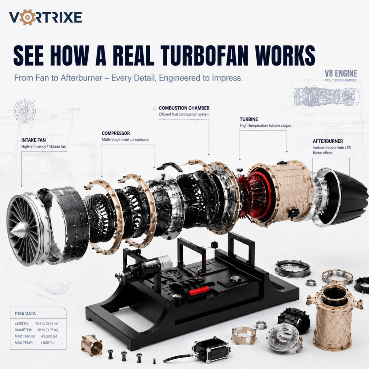 VORTRIXE & TECHING 600+Pcs 1/10 F35 Military Fighter Turbofan Engine Model Kit