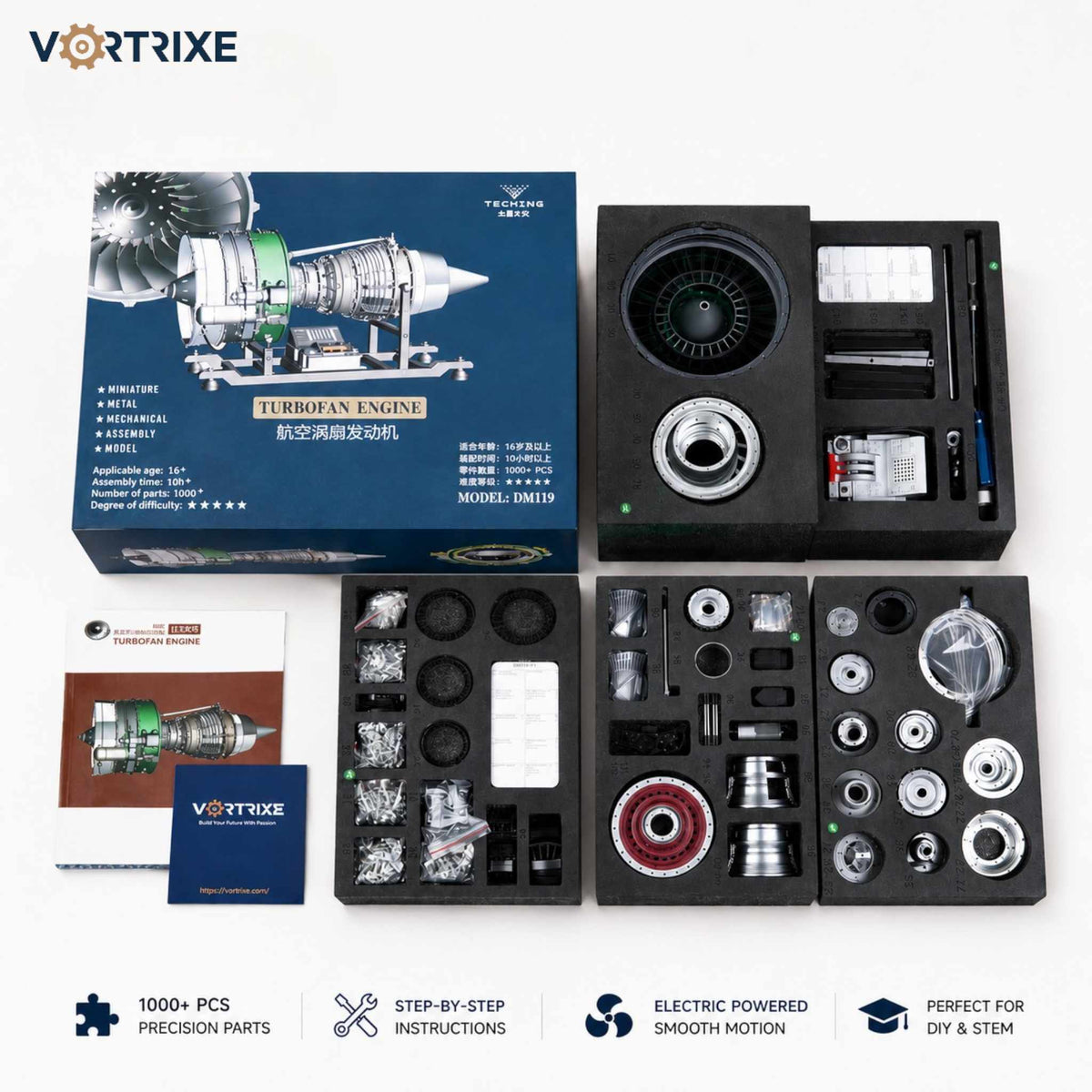 VORTRIXE & TECHING 1000+Pcs DIY Twin-spool Aircraft Turbofan Engine Kits