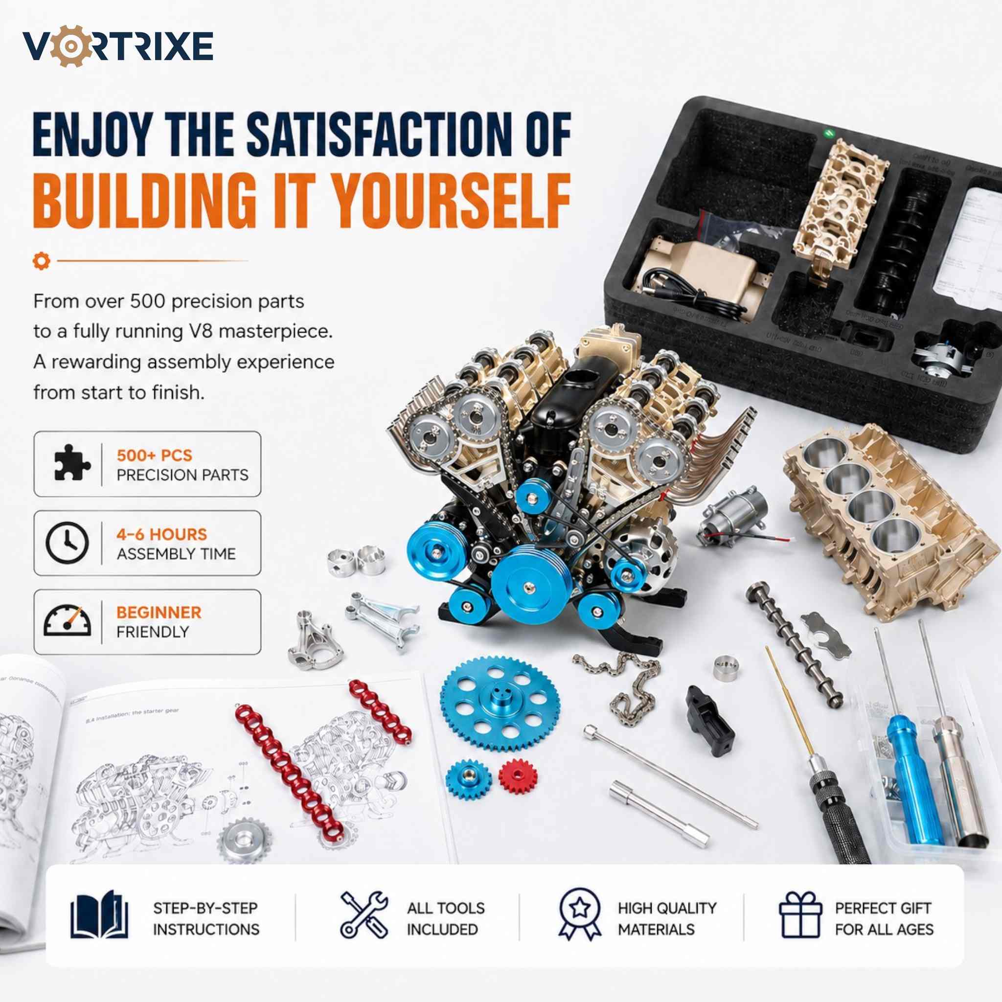 VORTRIXE & TECHING 500+Pcs V8 Engine Metal Assembly DIY Model Kit