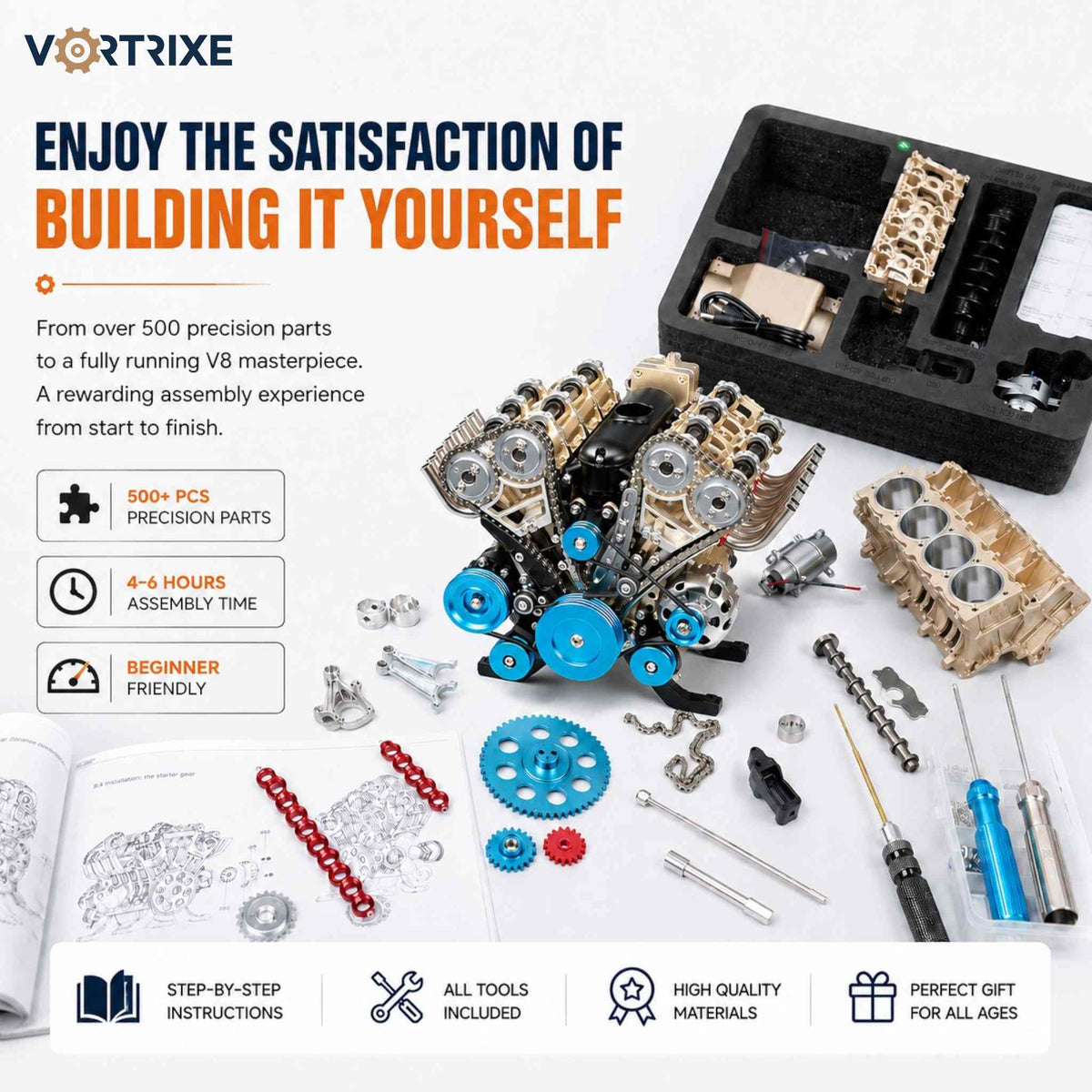 VORTRIXE & TECHING 500+Pcs V8 Engine Metal Assembly DIY Model Kit