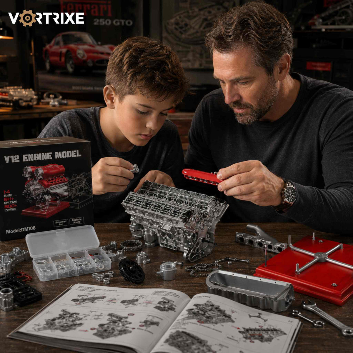 VORTRIXE & TECHING 800+PCS 1/4 Metal V12 Engine Model Kit with Electric Drive