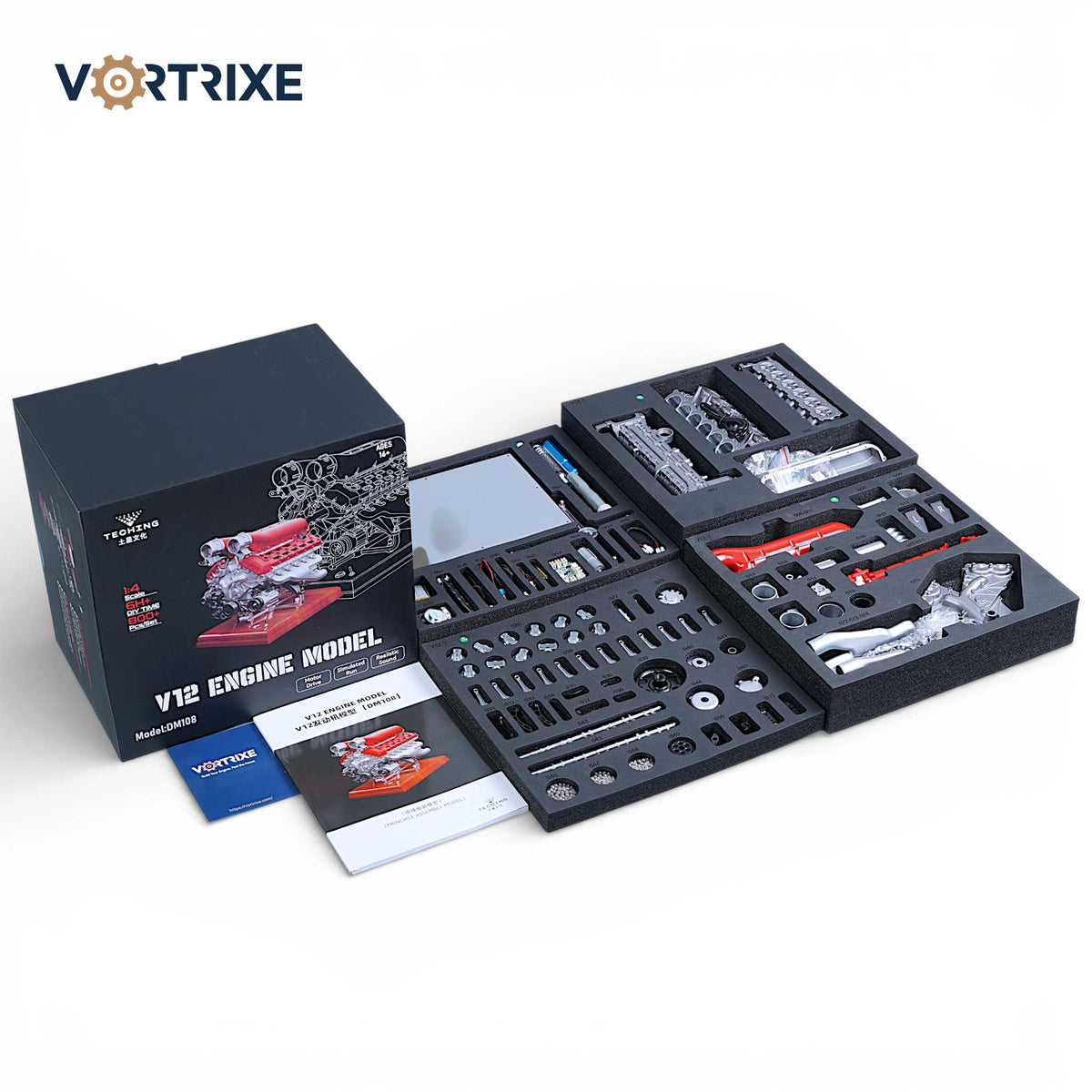 VORTRIXE & TECHING 800+PCS 1/4 Metal V12 Engine Model Kit with Electric Drive