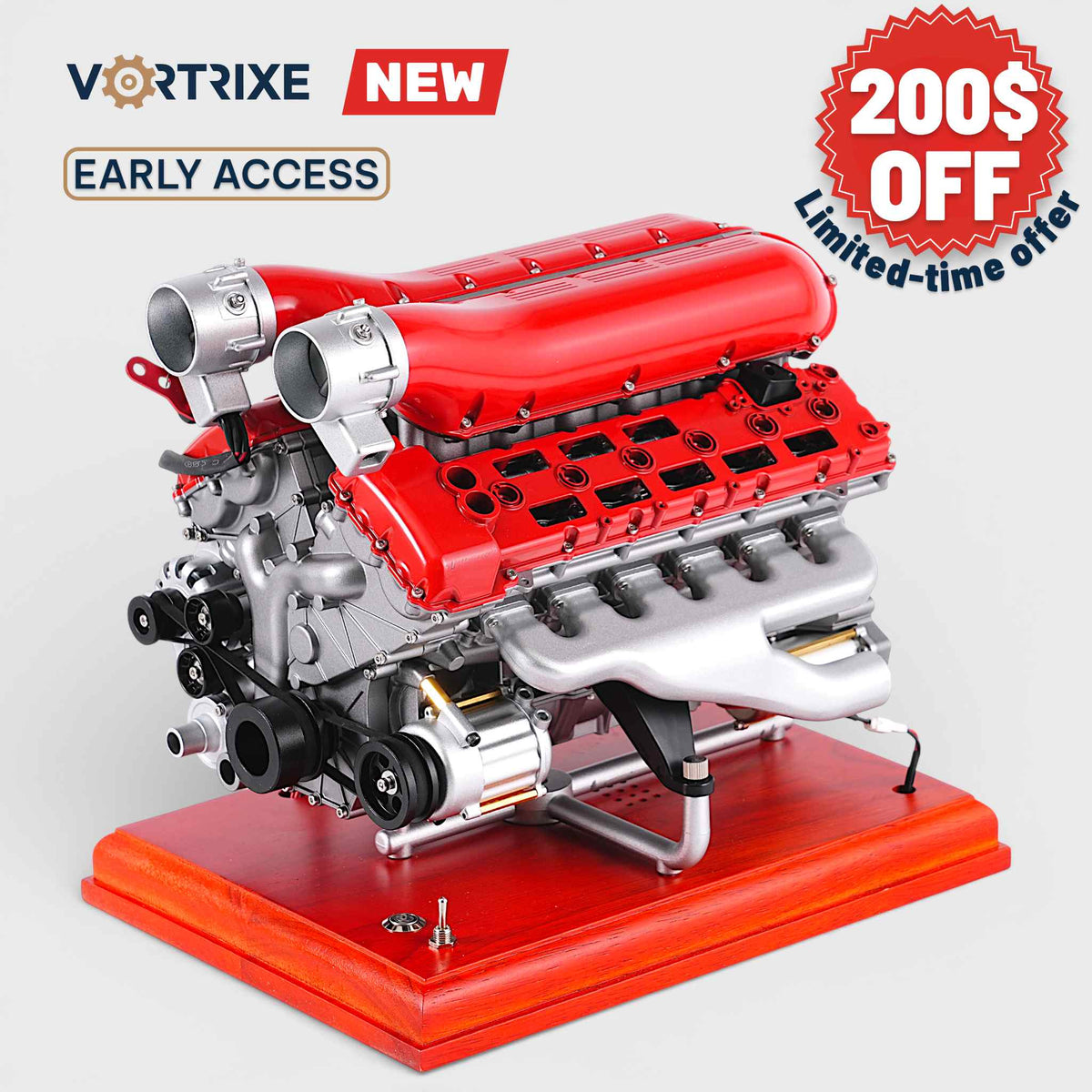 VORTRIXE & TECHING 800+PCS 1/4 Metal V12 Engine Model Kit with Electric Drive