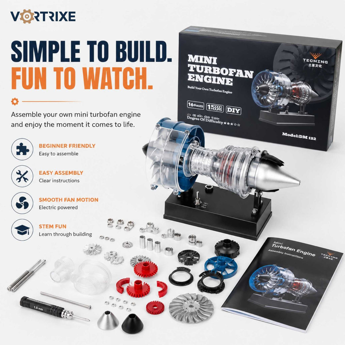 VORTRIXE & TECHING 170+PCS DIY Metal Electric Mini Turbofan Engine Kits for STEM Education