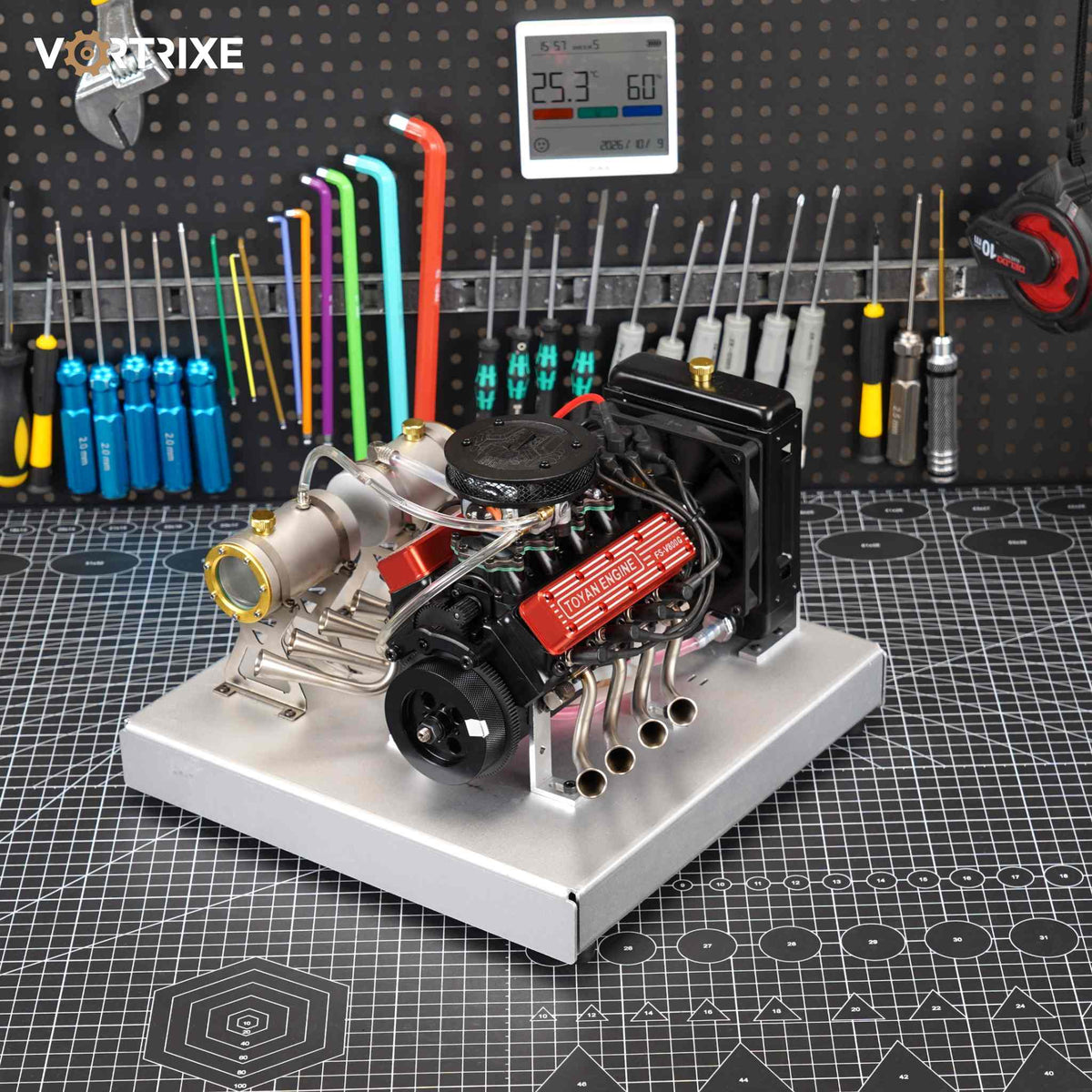 VORTRIXE & TOYAN FS-V800WGPC V8 28cc Gasoline Engine With Starter Kit, Stand and Accessories