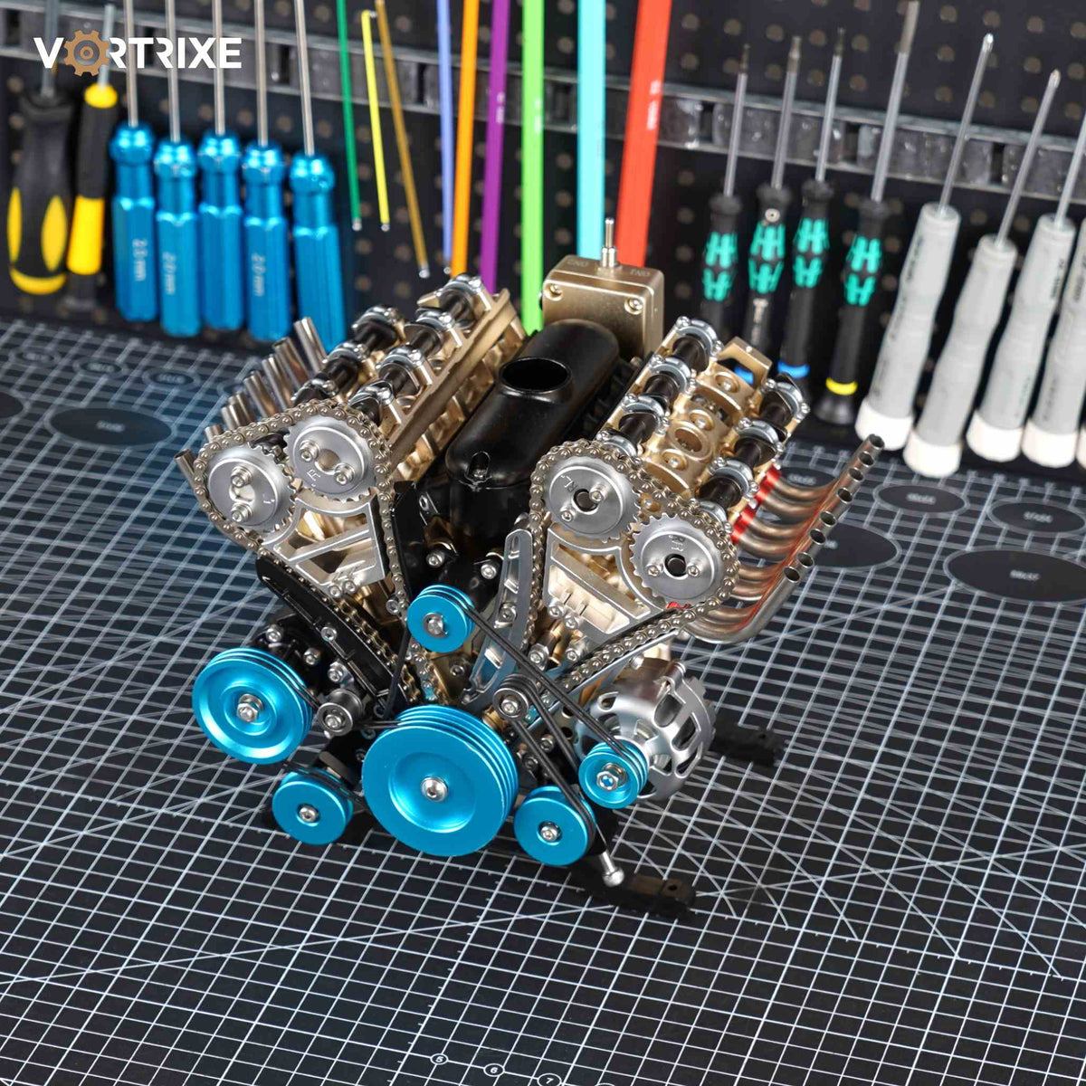 VORTRIXE & TECHING 500+Pcs Tabletop V8 Engine Metal Assembly DIY Model Kit