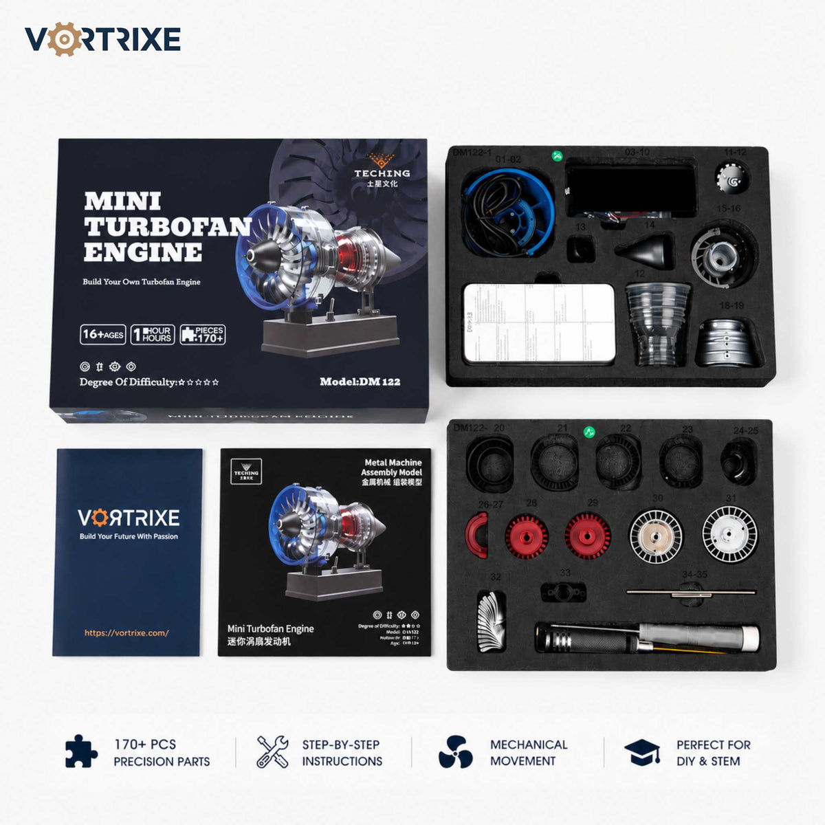 VORTRIXE & TECHING 170+PCS DIY Metal Electric Mini Turbofan Engine Kits for STEM Education