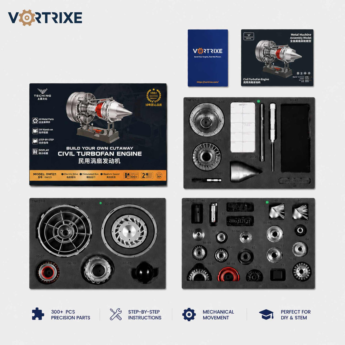 VORTRIXE & TECHING 300+PCS 1/12 Full Metal Dual-Spool Turbofan Engine Model Kits