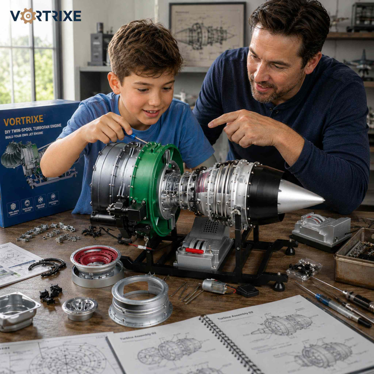 VORTRIXE & TECHING 1000+Pcs DIY Twin-spool Aircraft Turbofan Engine Kits