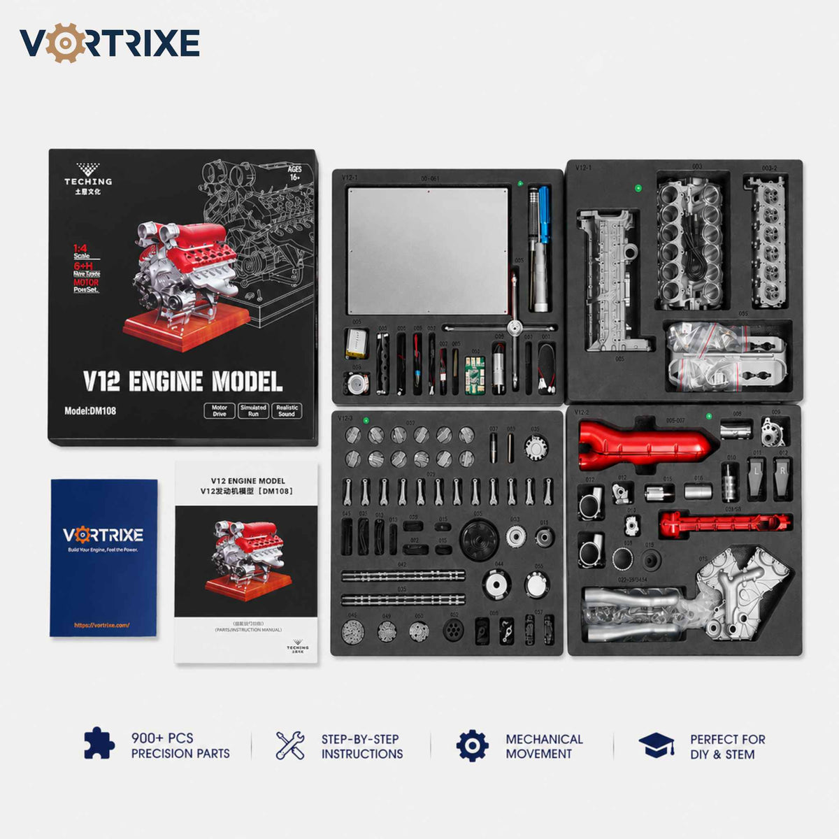 VORTRIXE & TECHING 800+PCS 1/4 Metal V12 Engine Model Kit with Electric Drive