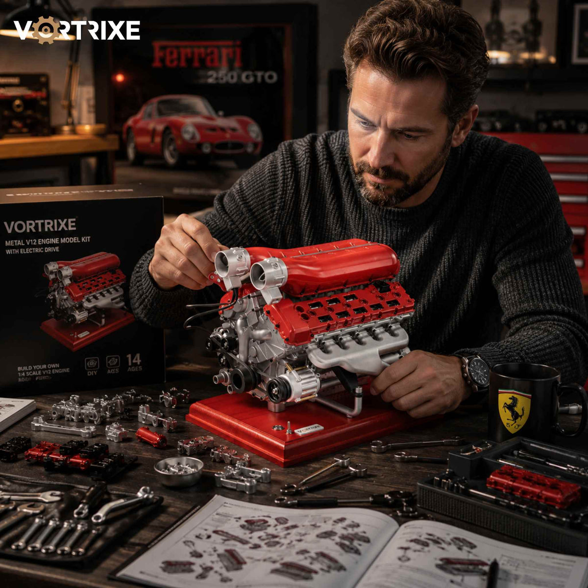 VORTRIXE & TECHING 800+PCS 1/4 Metal V12 Engine Model Kit with Electric Drive