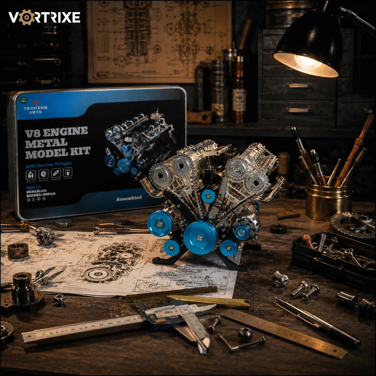 Engine Model Reference VORTRIXE & TECHING 500+Pcs V8 Engine Metal Assembly DIY Model Kit ...