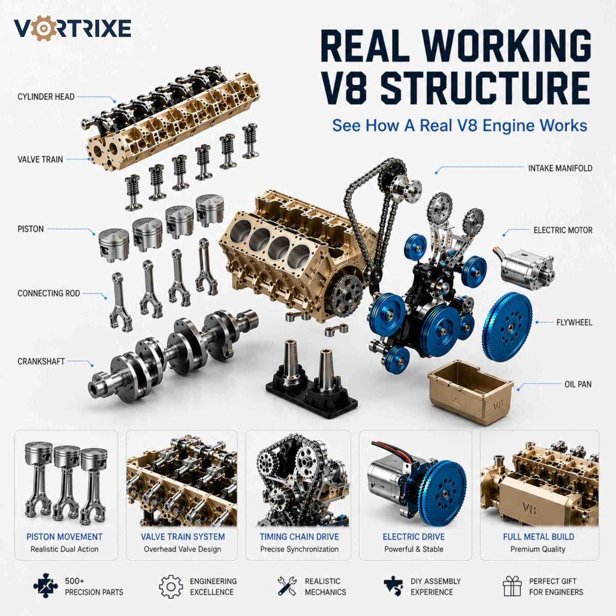 VORTRIXE & TECHING 500+Pcs V8 Engine Metal Assembly DIY Model Kit