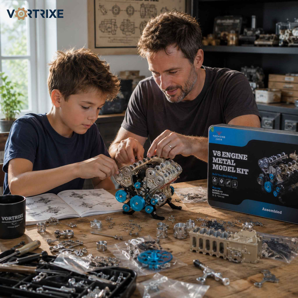 VORTRIXE & TECHING 500+Pcs V8 Engine Metal Assembly DIY Model Kit